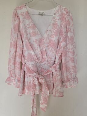 meraki Pink Floral Wrap Top with Tie Waist Large